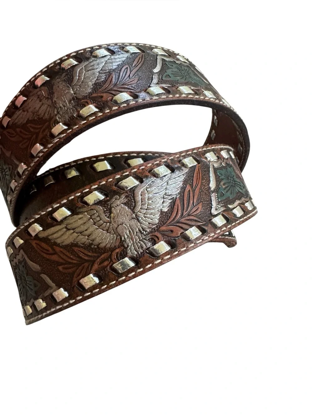 Fossil Western Leather Belt & Buckle Mens 38 EAGLE Tooled MB5804 Cowhide MotoFos